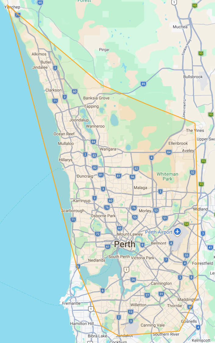 Map of Perth showing Precision Caravans service area triangle covering Yanchep, Midland, and Cockburn Central